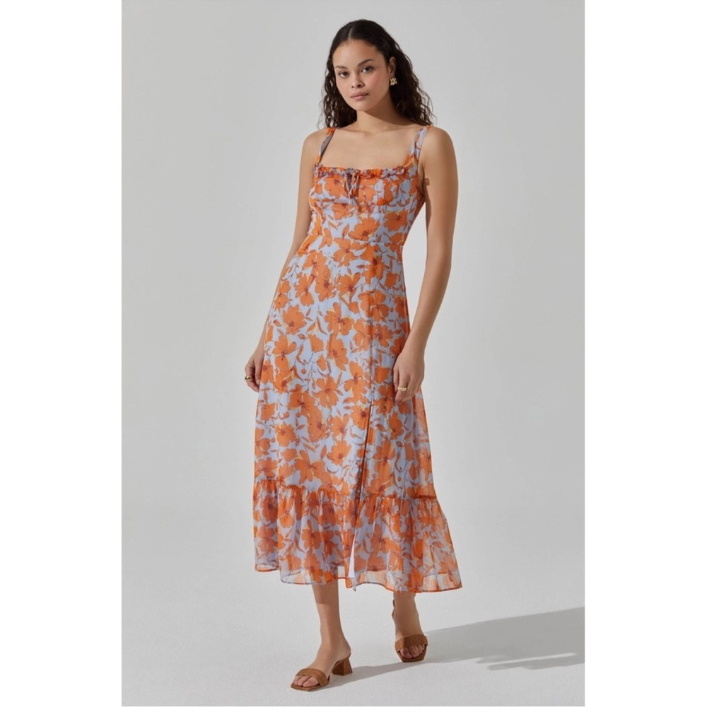 ASTR The Label Floral Chiffon Midi Dress M Orange Blue Square Neck NWOT